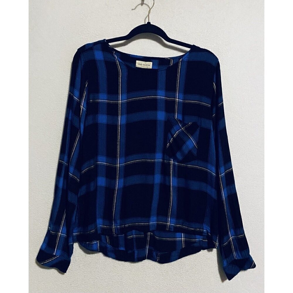 Cloth and Stone Top Womens Medium Blue Plaid Flannel Lace Up Back Long Sleeve